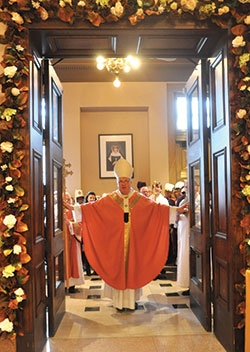 &ldquo;This is the Lord&rsquo;s gate: let us enter through it and obtain mercy and forgiveness,&rdquo; then-Archbishop Joseph W. Tobin declares as he opens the doors of mercy at SS. Peter and Paul Cathedral in Indianapolis on Dec. 13, 2015. The local Holy Doors of Mercy close on Nov. 13. (Criterion file photo by Natalie Hoefer)