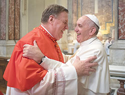 Cardinal Joseph W. Tobin embraces Pope Francis after the consistory that made him a cardinal on Nov. 19 in St. Peter&rsquo;s Basilica at the Vatican. (Photo courtesy L&rsquo;Osservatore Romano) 