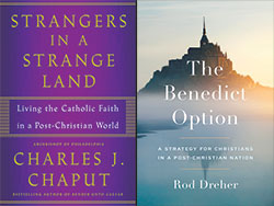 Left, the cover of Strangers in a Strange Land: Living the Catholic Faith in a Post&shy;Christian World. Right, the cover of The Benedict Option: A Strategy for Christians in a Post-Christian Nation