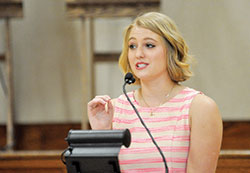 Deviney Benson, a 2012 graduate of Cardinal Ritter Jr./Sr. High School in Indianapolis, where she was a member of the A Promise to Keep chastity program, delivers a keynote address to the current A Promise to Keep mentors during a luncheon in their honor at the Archbishop Edward T. O&rsquo;Meara Catholic Center in Indianapolis. Benson was so impacted by the program that she helped start it in the Diocese of Des Moines, Iowa, where she now lives. (Photo by Natalie Hoefer)