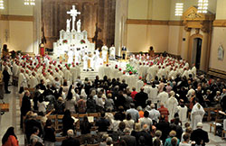 Bishops process at SS. Peter and Paul Cathedral in Indianapolis for a Mass of prayer and penance on June 14 during the U.S. Conference of Catholic Bishops&rsquo; annual spring assembly. (Photo by Sean Gallagher)