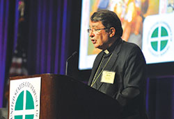 Archbishop Christophe Pierre, apostolic nuncio to the United States, speaks on June 14 during the opening of the U.S. Conference of Catholic Bishops&rsquo; annual spring assembly in Indianapolis. (Photo by Sean Gallagher)