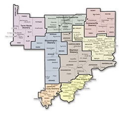 Map of the 11 deaneries in the Archdiocese of Indianapolis.