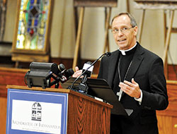 Archbishop Charles C. Thompson speaks during a press conference on June 13 at the Archbishop Edward T. O&rsquo;Meara Catholic Center in Indianapolis. Earlier in the day, Pope Francis had named the Evansville, Ind., bishop as the seventh archbishop of Indianapolis, succeeding Cardinal Joseph W. Tobin, who was appointed to lead the Archdiocese of Newark, N.J., last November. (File photo by Sean Gallagher)