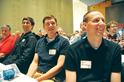 David Slaw, left, Michael Wessel, Jason Frey and Kevin McCullough laugh on Nov. 19, 2016, during a presentation during the 10th annual Indiana Catholic Men&rsquo;s Conference at the Indiana Convention Center in Indianapolis. Slaw is a member of Our Lady of Grace Parish in Noblesville, Ind., in the Lafayette Diocese. Wessel is a member of St. Anne Parish in Jennings County. Frey is a member of St. Louis Parish in Batesville. McCullough is a member of SS. Philomena and Cecilia Parish in Oak Forest. The 2017 Indiana Catholic Men&rsquo;s Conference will take place from 8 a.m.-4:30 p.m. on Sept. 30 at the convention center. (File photo by Sean Gallagher)