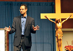 Theologian and Catholic author Edward Sri gives a presentation on Oct. 31, 2015, at the Indiana Convention Center in Indianapolis during the Indiana Catholic Men&rsquo;s Conference. Sri will speak on the interrelationship of evangelization and catechesis in February at the St. Paul Catholic Center in Bloomington. (File photo by Sean Gallagher)