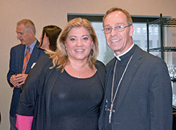Pam Stenzel poses with Archbishop Charles C. Thompson prior to the Right to Life of Indianapolis&rsquo; &ldquo;Celebrate Life Dinner&rdquo; in Indianapolis on Oct. 3. Stenzel served as the keynote speaker addressing the topic of chastity. (Photo by Natalie Hoefer)