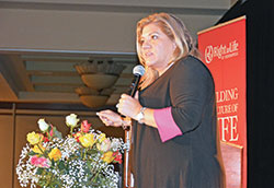 Pam Stenzel addresses more than 900 people &mdash; including more than 400 students and seminarians &mdash; during Right to Life of Indianapolis&rsquo; annual &ldquo;Celebrate Life Dinner&rdquo; in Indianapolis on Oct. 3. (Photo by Natalie Hoefer)
