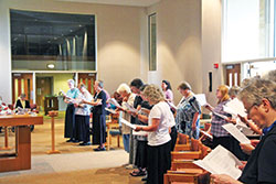 The Sisters of St. Benedict of Our Lady of Grace Monastery in Beech Grove pray during a service in July in the monastery&rsquo;s oratory. (Submitted photo)
