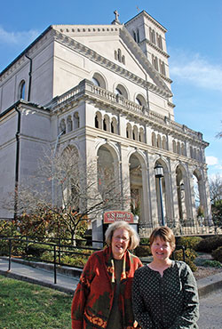 St. Joan of Arc parishioners Jean Zander, left, and Brenda Henry pose for a photo outside the north side Indianapolis church known for its striking sacred art and architecture&mdash;the springboard that the friends used to create Every Heart an Altar, their book of prayers and meditations designed to lead parishioners and non-parishioners to a deeper relationship with God. (Photo by John Shaughnessy)