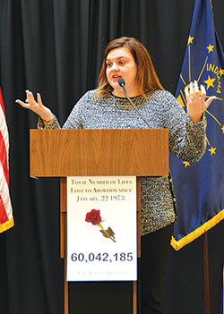 Former Planned Parenthood facility director&shy;turned pro-life advocate Abby Johnson speaks in the Indiana Statehouse in Indianapolis on Jan. 22 during a rose ceremony recognizing the more than 60 million lives lost to abortion since it was legalized in 1973. (Photo by Natalie Hoefer)