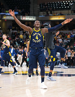 Victor Oladipo celebrates an Indiana Pacers victory with his arms wide open&mdash;the same approach he has toward his relationship with God. (Photo courtesy of Pacers Sports & Entertainment)