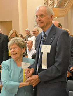 Ron and Sandra Hartlieb of St. Lawrence Parish in Indianapolis dance to a jazz band in the Archbishop Edward T. O&rsquo;Meara Catholic Center in Indianapolis on Aug. 5 at&nbsp;a reception following the archdiocesan Golden Wedding Jubilee Mass. (Photo by Natalie Hoefer)