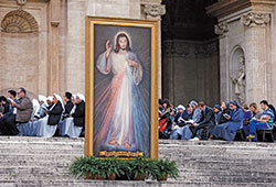 An image of Jesus of Divine Mercy is seen as Pope Francis leads a prayer service on the eve of the feast of Divine Mercy in St.&nbsp;Peter&rsquo;s Square at the Vatican on April 2, 2016. (CNS photo/Paul Haring) 