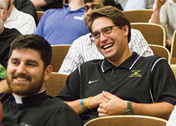 Seminarians laugh on Sept.&nbsp;11 during a presentation by Bishop&nbsp;Richard F. Stika of Knoxville, Tenn., and Father David Boettner, vicar general of the Knoxville Diocese, at Saint&nbsp;Meinrad Seminary and School of Theology in St.&nbsp;Meinrad. (Photo&nbsp;courtesy of Saint Meinrad Archabbey)