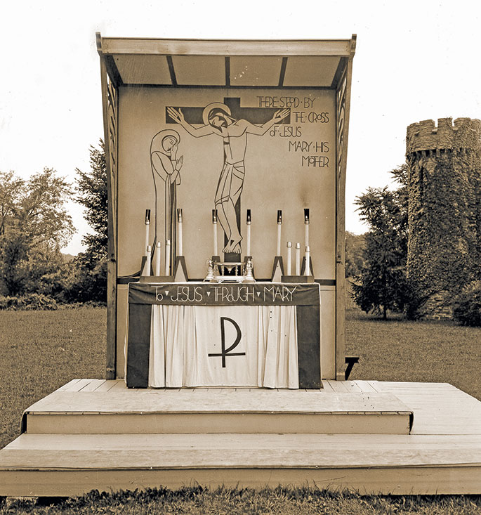 A portable altar for outdoor use appears in this photo taken at the former Monastery of the Resurrection in Indianapolis. The altar was used by the Carmelites for their annual novena to Our Lady of Mount Carmel, which was held on the monastery grounds each July for nearly 30 years, beginning in 1939. Thousands of Catholics from the Indianapolis area attended the outdoor novena each year. The Carmelites moved in 2008 to the campus of the Sisters of St. Francis in Oldenburg. The former Monstery of the Resurrection is now the site of Bishop Simon Brut&eacute; College Seminary.