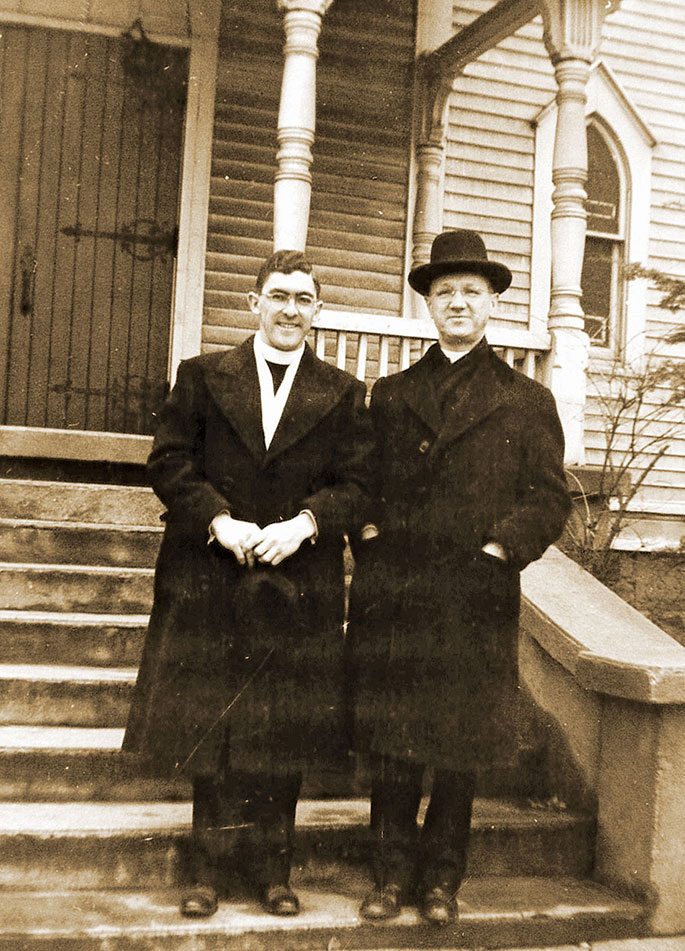 In this photo are then-Indianapolis Archbishop Joseph E. Ritter, right, and Jesuit Brother John Kleinhenz, a seminarian for the Society of Jesus at the former West Baden College in West Baden Springs. The photo was taken on Feb. 5, 1945, at Our Lady of the Springs Church in nearby French Lick. Brother Kleinhenz was ordained a priest for the Jesuits at West Baden College on June 18, 1952. West Baden College was a Jesuit seminary that opened in 1934 on the grounds of the former West Baden Springs Hotel, which had closed during the Great Depression. The college closed in 1964, and the property had several other uses before reopening as the West Baden Springs Hotel in 2007.
