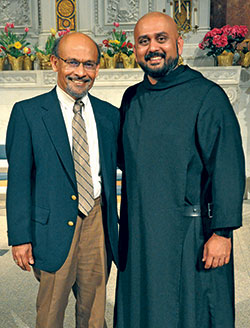 Ravi Nalim, left, and Benedictine Father Peduru Fonseka pose in SS. Peter and Paul Cathedral in Indianapolis on April 25 after a &ldquo;Solidarity Vigil and Interfaith Prayer&rdquo; in response to the Easter Sunday bombings in Sri Lanka. Nalim, who is Muslim, and Father Peduru are both natives of Sri Lanka. (Photo by Sean Gallagher)