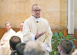Transitional Deacon Timothy DeCrane preaches a homily during a Mass on Nov. 13, 2018, in the St. Thomas Aquinas Chapel at Saint Meinrad Seminary and School of Theology in St. Meinrad. A member of Holy Name of Jesus Parish in Beech Grove, Deacon DeCrane will be ordained a priest on June&nbsp;1 in SS. Peter and Paul Cathedral in Indianapolis. (Photo courtesy of Saint Meinrad Archabbey)