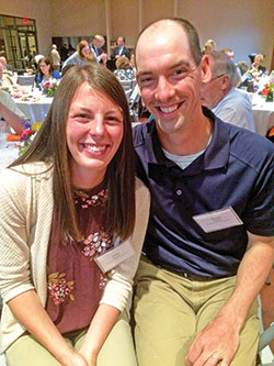 Jess, left, and David Gasper of St. Ann Parish in Jennings County said supporting the annual United Catholic Appeal is important to them. They were among the 90 people who attended the Circle of Giving Mass and dinner on May&nbsp;16 at St. Mary-of-the-Knobs Parish in Floyd County. (Photo by Leslie Lynch)