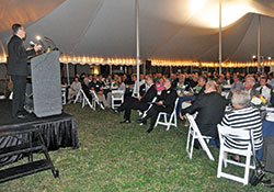 Archbishop Charles C. Thompsons speaks on Sept. 23 on the grounds of Bishop Simon Brut&eacute; College Seminary in Indianapolis to some 175 supporters of the archdiocesan-operated college seminary during its annual Celebrate Brut&eacute; event. (Photo by Sean Gallagher)