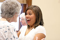 Providence Sister Jessica Vitente, right, meets with Providence Sister Marceline Mattingly, the oldest member of the community, after entering the congregation&rsquo;s postulancy in September 2018. (Submitted photo)
