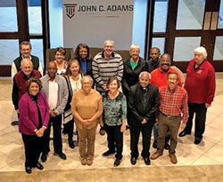 Pictured are parish leaders that took part in the archdiocese&rsquo;s LEAD program. The group includes St. Joseph Sister Gail Trippett, parish life coordinator at Holy Angels and St. Rita parishes, both in Indianapolis, and team members of her parishes; Father Francis Joseph Kalapuracka, pastor of St. Thomas More Parish in Mooresville and St. Ann Parish in Indianapolis, and team members of his parishes; Father Jeffrey Godecker, clergy educator; and Dr. Matt Chodkowski and Dr. Terry Schindler, both members of the Univerity of Indianapolis faculty. (Submitted photo)