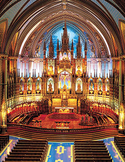 Notre Dame Basilica is located in the historic district of Old Montreal. The parish was founded in 1672, and the current structure was completed in 1829. The interior is known for its exemplary Gothic Revival style, rich colors, wooden sculptures and an 1891 Casavant Frères pipe organ with four keyboards, 92 stops and 7,000 pipes. The church was raised to basilica status by St. John Paul II in 1982. Archbishop Charles C. Thompson will offer a private Mass for the pilgrims here. (Photo courtesy of Montreal Tourist Bureau)