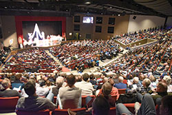 The auditorium of East Central High School in St. Leon is filled on Feb. 22 with 1,500 participants in the fifth annual E6 Catholic Men&rsquo;s Conference, sponsored by All Saints Parish in Dearborn County. (Photo by Sean Gallagher)