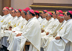 Bishops from across the U.S. pray during a June 14, 2017, Mass in SS. Peter and Paul Cathedral in Indianapolis during that year&rsquo;s spring meeting of the U.S. Conference of Catholic Bishops held in Indianapolis. (File photo by Sean Gallagher)