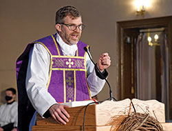Father Jonathan Meyer, pastor of All Saints Parish in Dearborn County, preaches a homily on Feb. 27 in the St. Joseph campus church of the Batesville Deanery faith community during the sixth annual E6 Catholic Men&rsquo;s Conference. (Photo by Sean Gallagher)