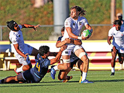 Joe Schroeder powers forward as he prepares to live his dream of representing the United States on the country&rsquo;s rugby team in the Summer Olympics in Tokyo. (Photo courtesy of Travis Prior)
