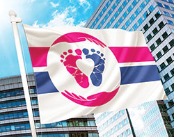 Nanda Gasperini, a pro-life graphic artist in S&atilde;o Paulo, Brazil, designed this pro-life flag, seen in this undated photo. It was selected in an online vote in mid-July as the international symbol of the pro-life movement. (CNS photo/courtesy Pro-Life Flag Project)