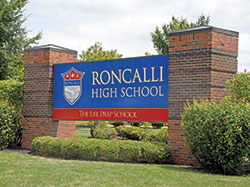 A sign for&nbsp;Roncalli&nbsp;High School in Indianapolis is seen in this file photo. (File photo by Sean Gallagher)