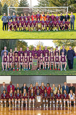 From top to bottom: The boys&rsquo; soccer team of Brebeuf Jesuit Preparatory School in Indianapolis earned the Indiana High School Athletic Association Class 2A state championship on Oct. 29; Brebeuf&rsquo;s boys&rsquo; cross country won the Indiana High School Athletic Association state championship on Oct. 30; Brebeuf&rsquo;s girls&rsquo; volleyball team claimed the Indiana High School Athletic Association Class 3A state championship on Nov. 6. (Submitted photo)