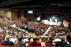 Some 1,200 men fill the auditorium of East Central High School in St. Leon on Feb. 26 for the seventh annual E6 Catholic Men&rsquo;s Conference, sponsored by All Saints Parish in Dearborn County. (Photo by Sean Gallagher)