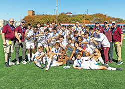 The boys&rsquo; soccer team of Brebeuf Jesuit Preparatory School in Indianapolis celebrates winning the Class 2A state championship of the Indiana High School Athletic Association on Oct. 29 in Michael A. Carroll Track and Soccer Stadium in Indianapolis. (Photo courtesy of MJH/DoubleEdge Media)