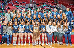 The girls&rsquo; volleyball team of Our Lady of Providence High School in Clarksville celebrates its victory in the Indiana Class 3A state championship on Nov. 5. (Submitted photo)