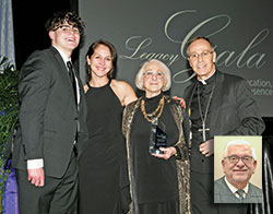 After Archbishop Charles C. Thompson honored the late Deacon Marc Kellams with the archdiocese&rsquo;s Legacy Award on Feb. 10, he posed for a photo with Deacon Kellams&rsquo; wife, Chris; his daughter, Sarah Lippman; and his grandson, Bradford Dollens. Inset: The late Deacon Marc Kellams. (Photo by Rob Banayote)
