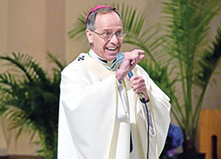 Archbishop Charles C. Thompson offers a homily during a Mass for the archdiocesan Office of Stewardship and Development&rsquo;s Circle of Giving event on May 11 at SS. Peter and Paul Cathedral in Indianapolis. (Photos by Natalie Hoefer)