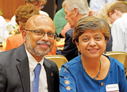 Clayton and Sunita Nunes, members of St. Charles Borromeo Parish in Bloomington, smile during a United Catholic Appeal event at the Archbishop Edward T. O&rsquo;Meara Catholic Center in Indianapolis on Sept. 28. (Photo by Natalie Hoefer)