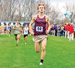 Cameron Todd of Brebeuf Jesuit Preparatory School in Indianapolis surges toward victory in Indiana&rsquo;s cross country state championship meet for boys in Terre Haute on Oct. 28. (Submitted photo)