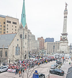 Some 2,000 pro-life advocates march around the Soldiers and Sailors Monument&mdash;the center of Indianapolis and of the state&mdash;during the Indiana March for Life on Jan. 22. (Photo by Sean Gallagher)