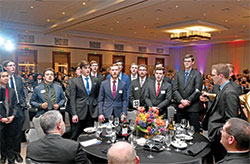 Seminarians of Bishop Brut&eacute; College Seminary in Indianapolis sing &ldquo;Salve Regina&rdquo; during the Legacy Gala at the JW Marriott in Indianapolis on Feb. 9. (Photo by Rob Banayote)
