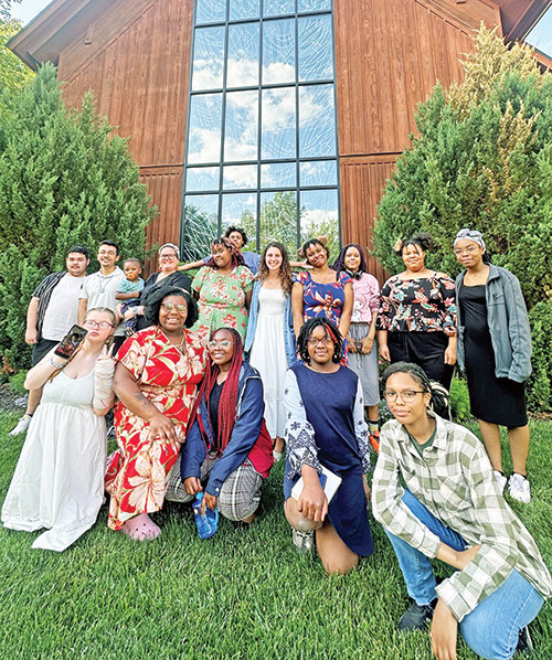 During a recent weekend retreat at the archdiocese&rsquo;s Catholic Youth Organization&rsquo;s Camp Rancho Framasa in Brown County, the group from Vagabond Missions in Indianapolis also participated in a Saturday evening Mass at St. Agnes Church in Nashville. Here, the group poses for a photo outside the church. (Submitted photo)