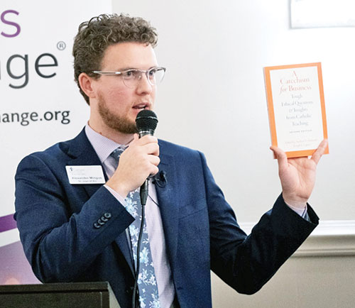Alexander Mingus, associate director of the Indiana Catholic Conference and soon to be its director, addresses a gathering of the Catholic Business Exchange in Indianapolis in October 2023.&nbsp;(Photo credit Denis Kelly)