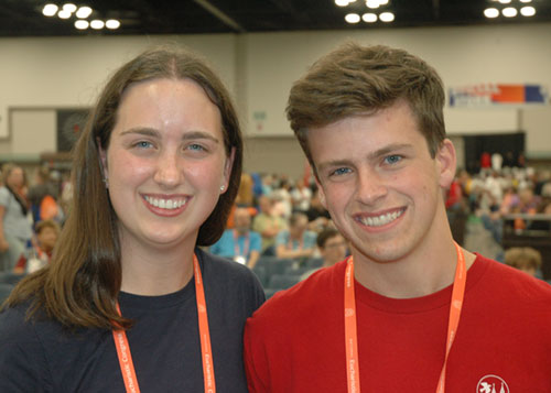 Siblings Kathryn and John Tiplick share a smile at the National Eucharistic Congress in Indianapolis on July 18 after she shared her story of how they&mdash;and a group of stuffed animals&mdash;combined as children to lead a young adult to the Catholic Church. (Photo by John Shaughnessy)