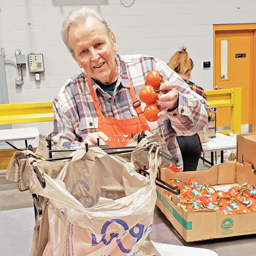 John Kordes, a member of St. Christopher Parish in Indianapolis, enjoys volunteering to help alleviate hunger in his local community&mdash;in this case, filling bags with tomatoes at Gleaners Food Bank in Indianapolis on Jan. 2. (Photo by Natalie Hoefer)