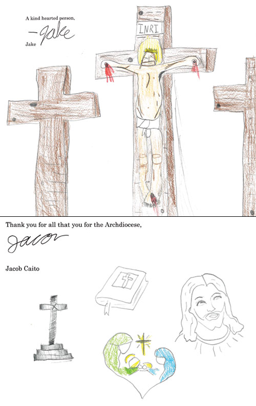 Students from Holy Name of Jesus School in Beech Grove wrote letters and shared their artwork with adults who attended a retreat led by the students&rsquo; teacher, Benedictine Sister Nicolette Etienne, at Our Lady of Fatima Retreat House in Indianapolis on April 1.