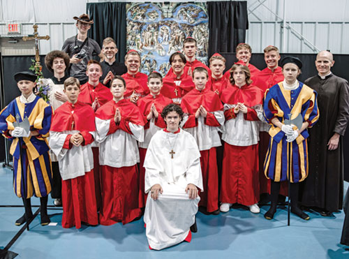 Youths from All Saints Parish in Dearborn County pose after taking part in a mock conclave on April 30 on the faith community&rsquo;s St. Joseph campus. The event was a way for the youths and other parishioners to learn all the details of how a pope is elected. (Submitted photo)
